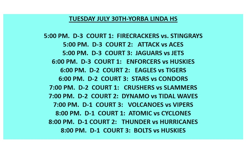 JULY 30TH-PRACTICE GAME TIMES
